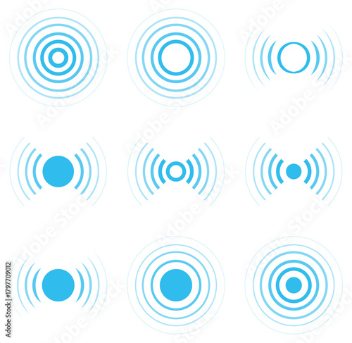 Vector set of blue radar, sonar, radio waves and signal icons. Radar signal wave icons vector set in various circular and radiating style. Internet connection and radiation icons.