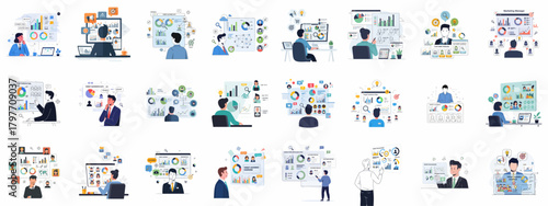 Business vector set illustrating professionals analyzing marketing data, customer personas, target audiences, and market share charts.