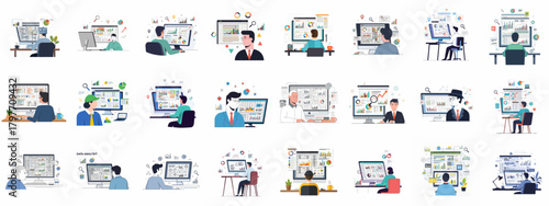 Large collection of flat vector illustrations showing business people analyzing data, reports, charts, and financial statistics on desktop computers.