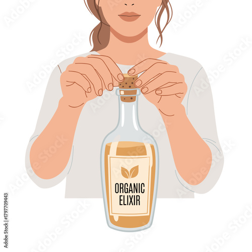 White woman opening bottle of organic elixir with copy space