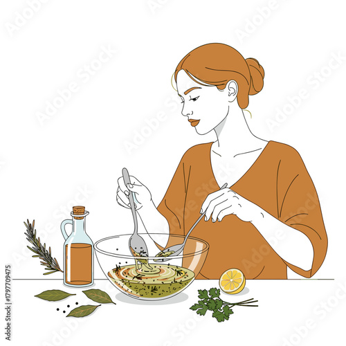 White woman preparing herbal dressing with vinegar and herbs with copy space