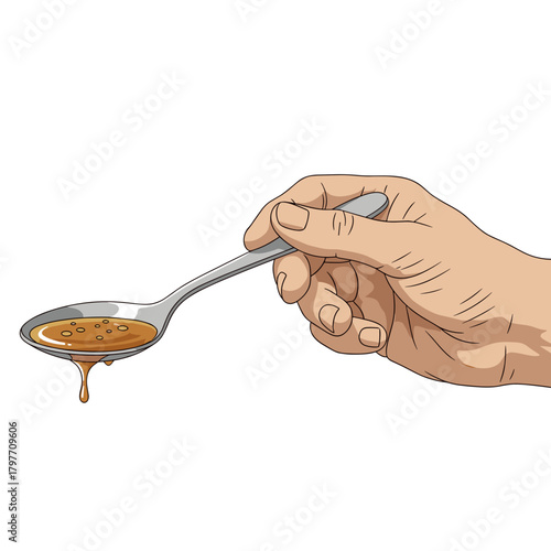 White man holding spoon of artisanal vinegar with copy space