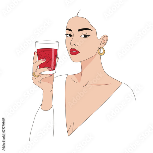 White woman holding glass of red probiotic drink with copy space