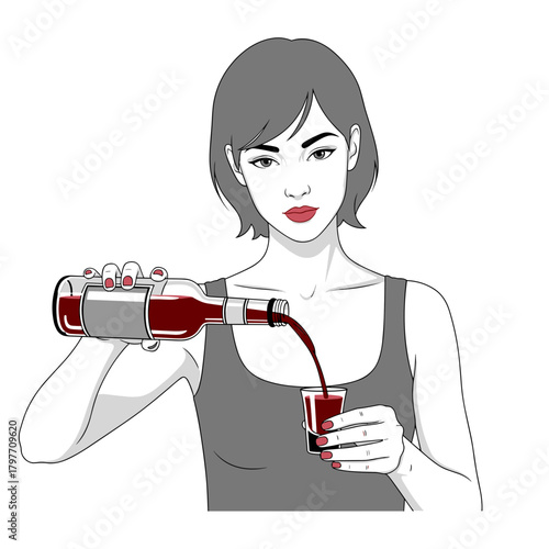 White woman pouring red probiotic shot from glass bottle with copy space
