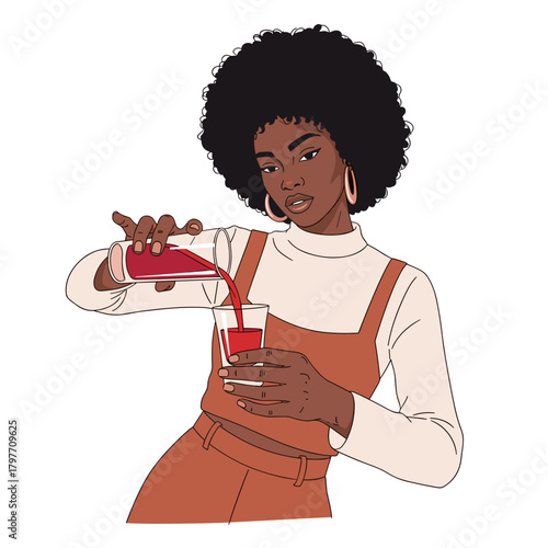 Black woman pouring red probiotic cocktail into glass with copy space