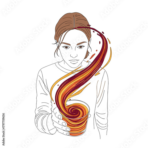 White woman holding swirling probiotic drink with abstract motion and copy space