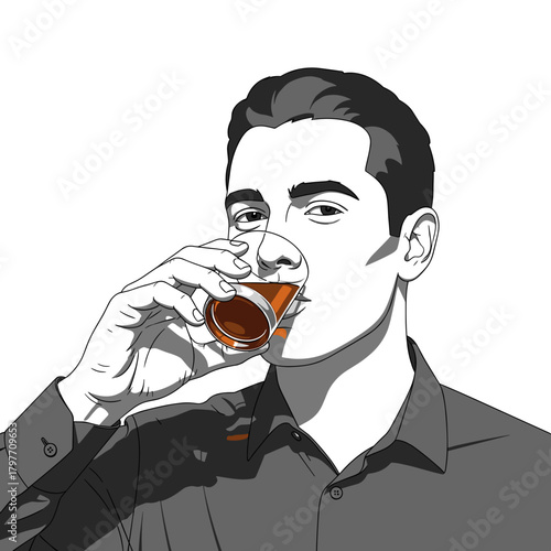 White man drinking probiotic shot from glass with copy space