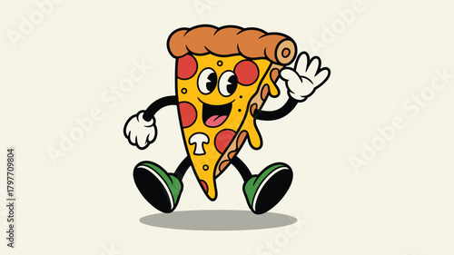 Retro Cartoon Pizza Slice Character Waving Hello on Cream Background food