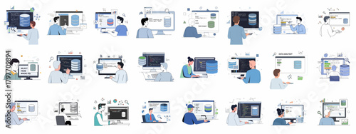 Vector set of database developers and data analysts performing SQL queries, programming, and data management tasks on computers.