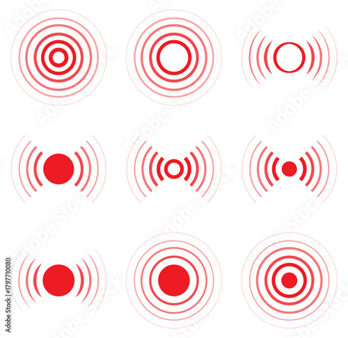 Vector set of radar, sonar, radio waves and signal icons in red color. Radar signal wave icons vector set in various circular and radiating style. Internet connection and radiation icons.