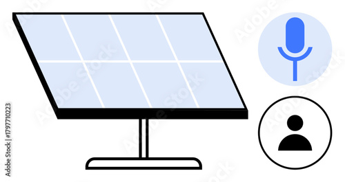 Solar panel adjacent to a microphone and user icon. Ideal for clean energy, tech communication, renewable resources, user interaction, sustainable development, eco-friendly innovation, simple flat