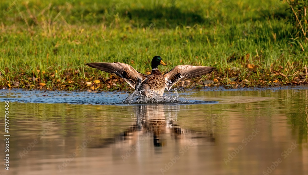 Fototapeta premium Mallard duck in flight approaching water, showcasing natural behavior in a serene environment