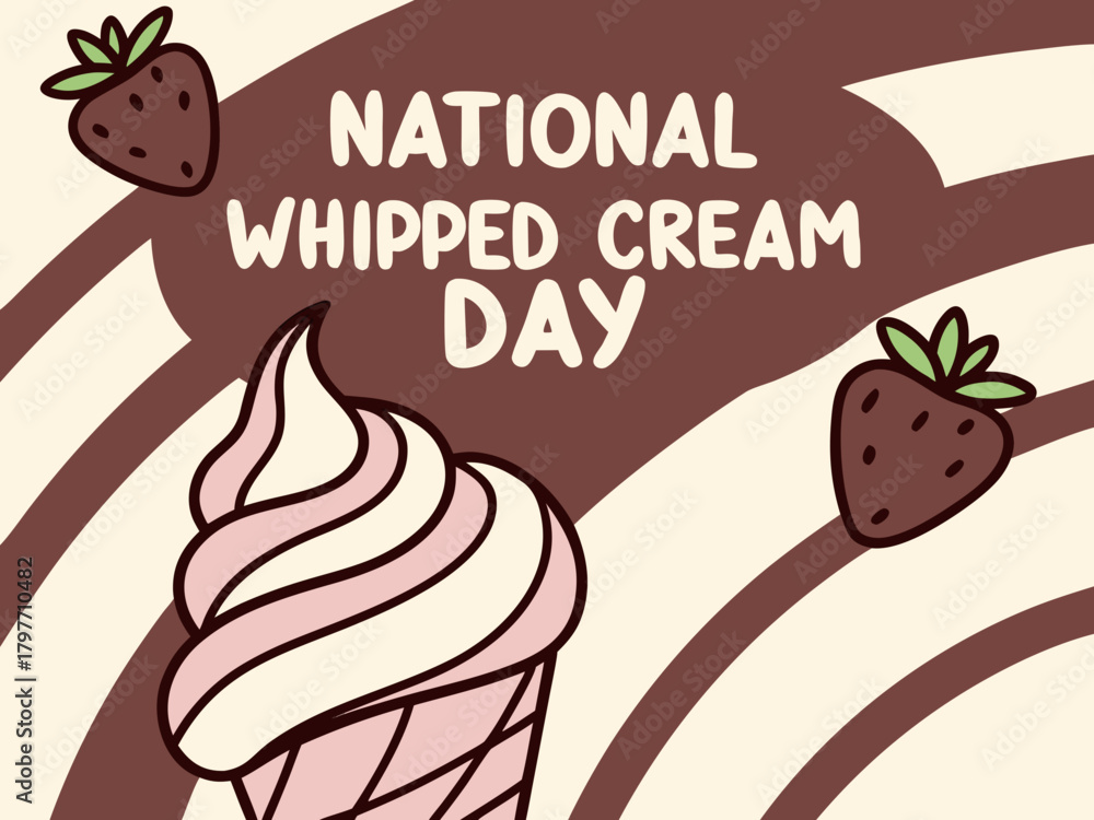 Fototapeta premium Celebratory Illustration for National Whipped Cream Day with a Cartoon Ice Cream Cone and Strawberries