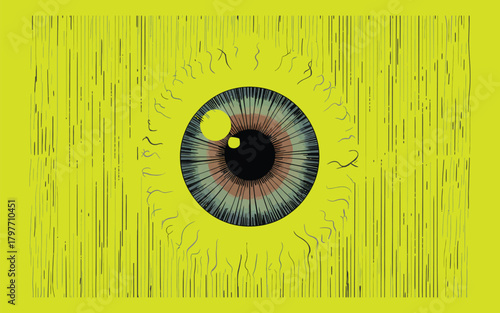 Yellow background with abstract eye and vertical lines
