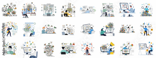 Data Cleaning and Analysis Vector Set. Professionals use metaphorical cleaning tools to manage, process, and refine messy raw data for quality control and better outcomes.