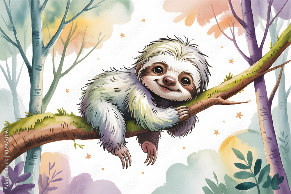 Fototapeta premium Adorable Cartoon Baby Sloth Hanging from a Branch in a Pastel Forest