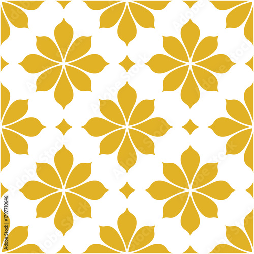 Seamless geometric pattern with yellow stylized flowers and diamonds on white background Keywords: seamless pattern, geometric, floral, flower, stylized, yellow, gold, white, background, texture