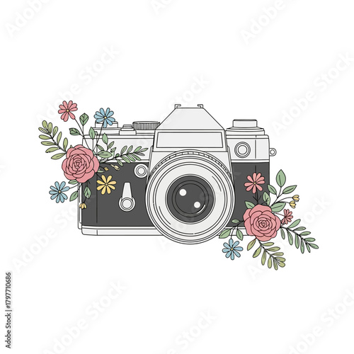Vintage camera adorned with delicate floral accents for a charming and whimsical touch, perfect for photography enthusiasts and creative projects, so artistic and stylish