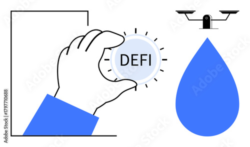 Hand grasps DeFi token, emphasizing decentralization. Scale and water drop suggest balance, fairness, and transparency. Ideal for blockchain, fintech, finance, innovation digital economy