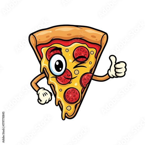 Cheerful pizza slice cartoon character giving a thumbs up, perfect for fun food promotions, menu designs, and playful marketing materials that bring joy