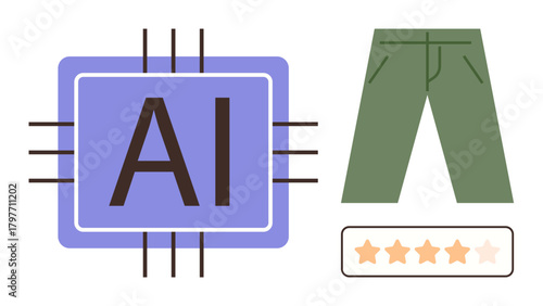 AI microchip, green pants, and a 5-star review display merging technology and consumer feedback. Ideal for fashion, e-commerce, AI apps, customer satisfaction, rating systems, feedback design simple