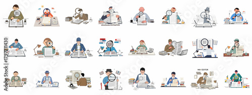 A series of vignettes depicting people reviewing and editing texts, using magnifying glasses for meticulous detail, representing research, proofreading, and investigation.