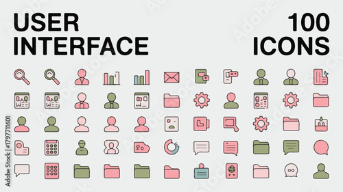 User Interface Icons Set with UI Elements and Navigation Symbols Keywords: user interface, UI, icons, set, UI elements, navigation, symbols, search, magnifying glass, user