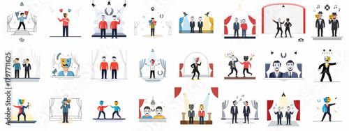 Comprehensive Vector Collection of Theatre and Drama Concepts, featuring Actors on Stage, Spotlights, Curtains, and Iconic Comedy and Tragedy Masks.