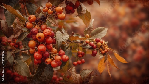 Rowan berries arranged on burlap fabric, showcasing seasonal harvest potential