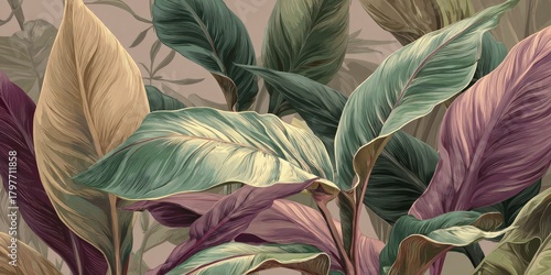 Wallpaper Mural Artistic depiction of oversized leaves in various colors with a subtle neutral background Torontodigital.ca