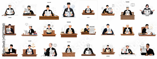 Judge and Hakim Character Collection: Flat Vector Illustrations of Judicial Professionals Reading Verdicts and Documents with Gavels and Scales.