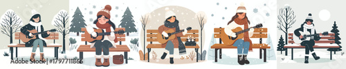 a woman playing guitar on a park bench in the snow