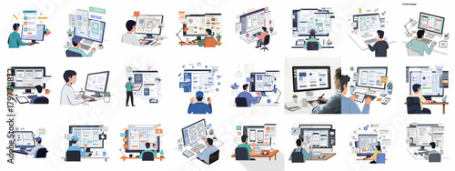 Montage of UI/UX Designers Crafting Web and Mobile Interfaces, Wireframes, and Prototypes on Computers, using modern vector illustration.