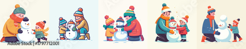 a father helps his child make a snowman