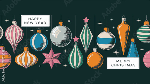 Vintage Christmas Ornaments and Decorations with Happy New Year and Merry Christmas Text retro