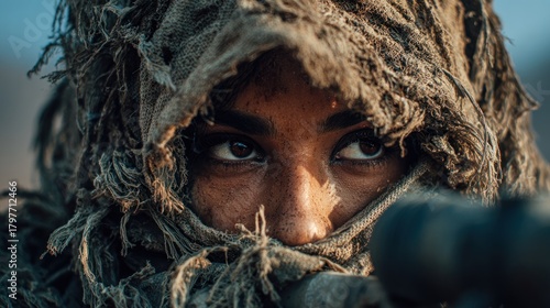 Woman in camouflage headwear closeup