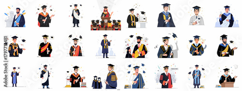 A large collection of diverse male graduates celebrating academic achievement, holding diplomas in various poses and different university regalia, symbolizing education success.
