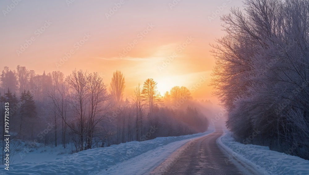 Naklejka premium Sunrise illuminating a frosty winter morning, seasonal change