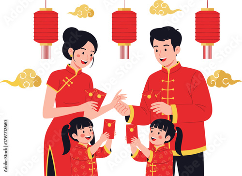 Chinese New Year family vector—red envelopes, lanterns, golden clouds, and festive attire for prosperity and cultural celebration visuals
