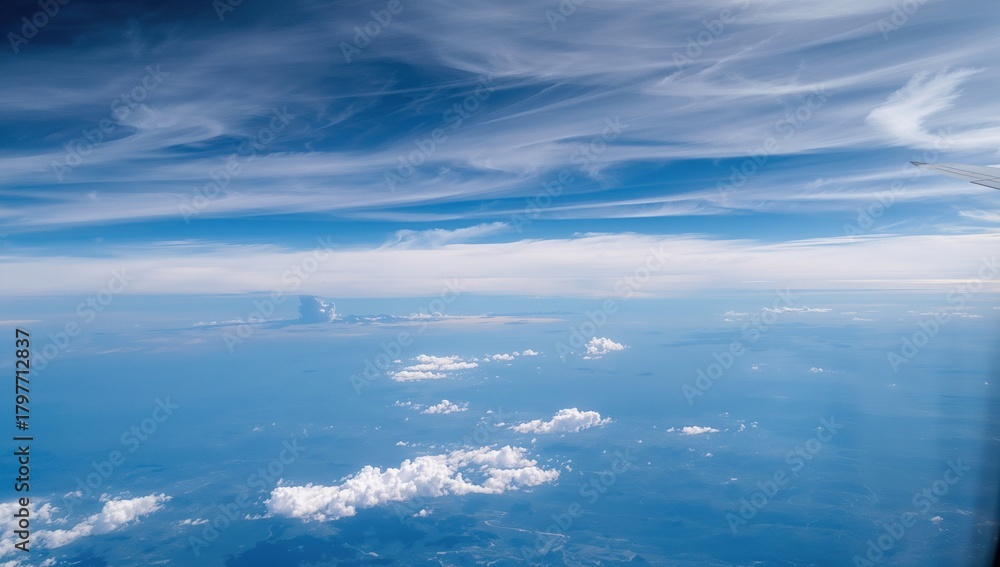 Fototapeta premium Aerial view from an airplane, showcasing the vast landscape below, emphasizing the experience of travel