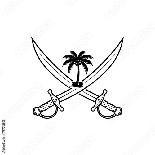Bold pirate emblem featuring crossed swords and a palm tree, perfect for adventure themes, tropical designs, and unique branding that evokes a sense of daring