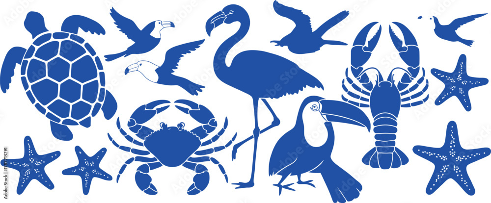 Fototapeta premium Blue sea creatures and birds silhouette collection