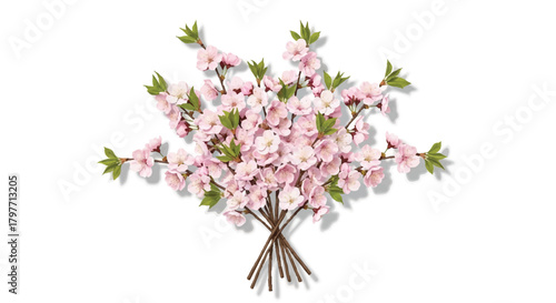 Beautiful realistic flat 2D cherry blossom bouquet featuring delicate pink petals and green leaves, perfectly isolated on a clean white background with subtle shadows, symbolizing spring and purity.