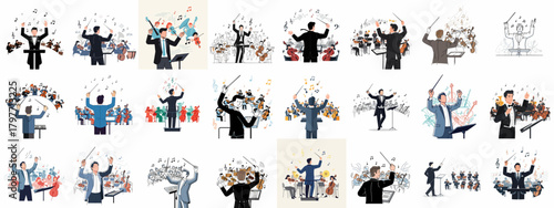 Vector Illustrations of Orchestra Conductors and Symphony Musicians Performing Classical Music