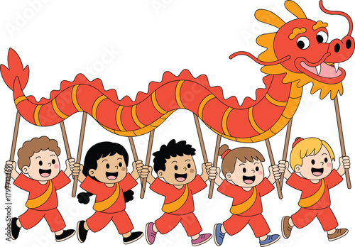 Joyful children celebrate with a vibrant orange dragon parade