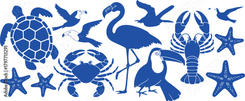 Blue sea creatures and birds silhouette collection