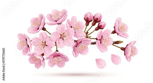 Flat 2D realistic illustration of a delicate Japanese sakura cherry blossom cluster rendered in soft pink tones and isolated cleanly on a pure white background.