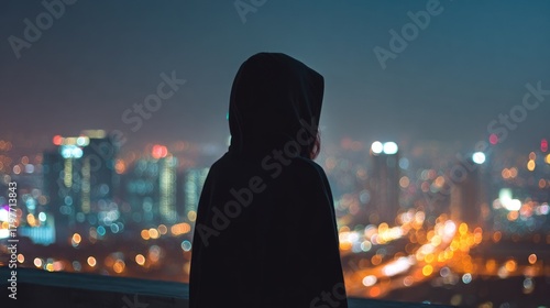 Person contemplating cityscape at night