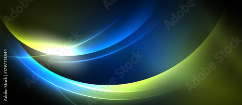 Abstract design features curved lines, vibrant blues, yellows, light source. Dark background emphasizes flowing shapes, creating dynamic visual effect.