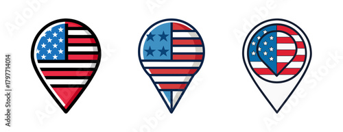 United states flag map pin icons set, patriotic country locator
